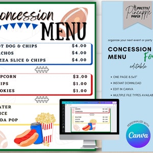 Editable Concession Stand Menu Football, Instant Download Canva Template, Volunteer Pop Warner, Flag, Movie Night, Birthday Printable