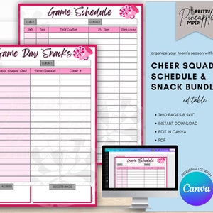 Editable Cheer Snack Sign Up & Game Schedule Template Bundle, Digital Download, Squad Team Sports Season, Calendar, Fillable Printable