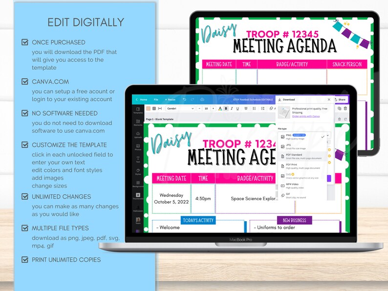 Editable Girl Scout Daisy Troop Meeting Agenda Template, Meeting Notes