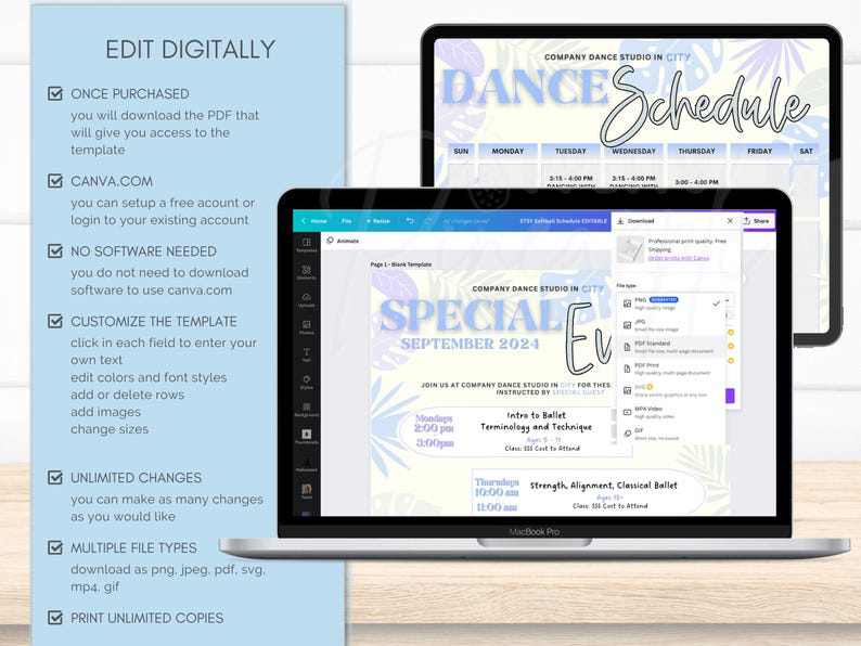 Editable Dance Schedule for Studio, Monthly Calendar, Special Events ...