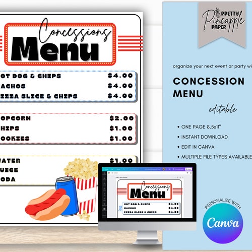 Editable Concession Stand Menu Canva Template Instant Etsy