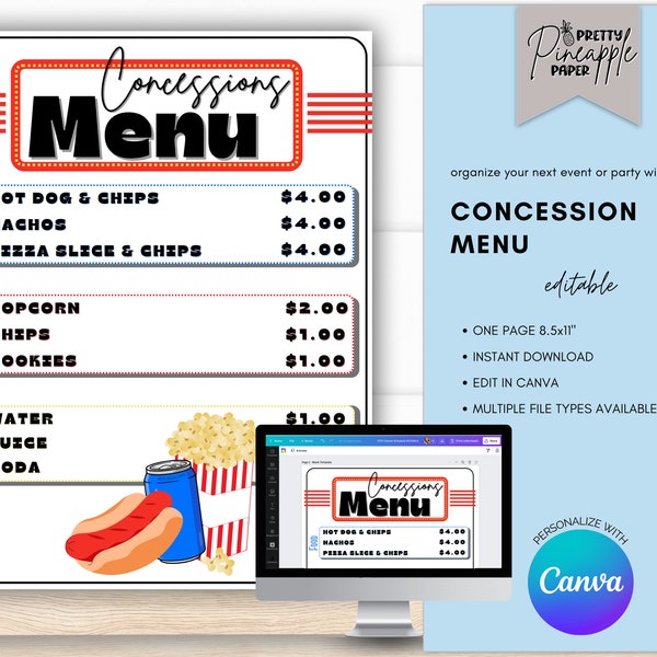 Editable Concession Stand Menu, Canva Template, Instant Download Printable, Volunteers Baseball Football Soccer Sports, Movie Night, Party