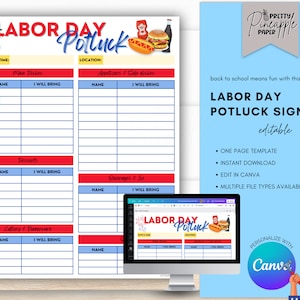 Editable Labor Day Potluck Party Sign Up Sheet, Instant Digital Download, Edit in Canva, Holiday Party, BBQ, Block Party, September