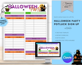 Editable Halloween Potluck Party Sign Up Sheet, Instant Digital Download, Edit in Canva, Holiday Party, October Festival, Block Party