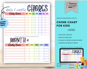 Editable Daily and Weekly Kids Chore Chart, Childs Responsibility List, Instant Digital Download Printable, Print for Each Month