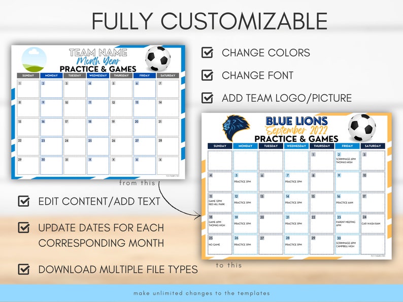 Editable Soccer Calendar Template, Instant Download Practice Game