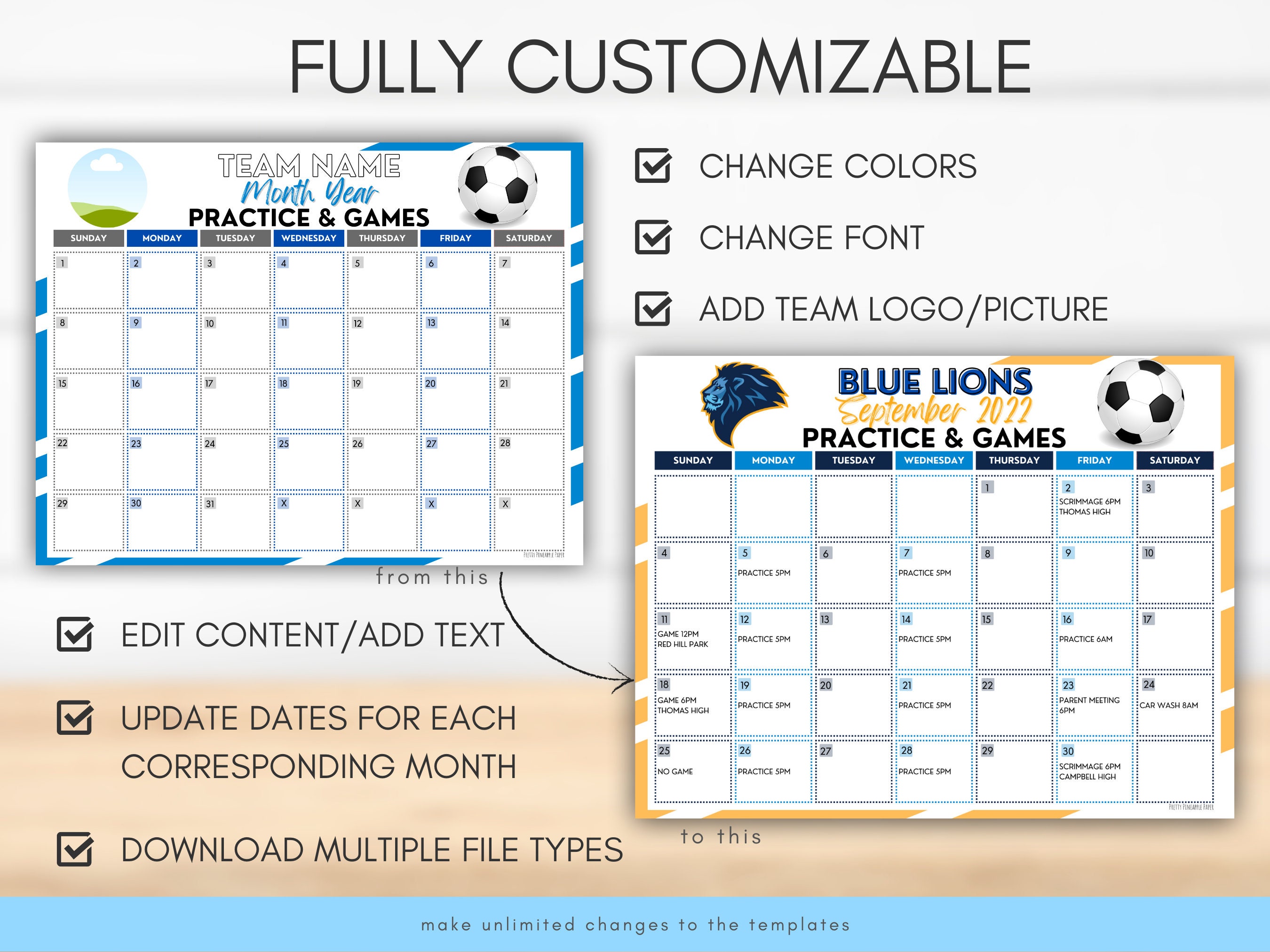 Editable Soccer Calendar Template, Instant Download Practice Game