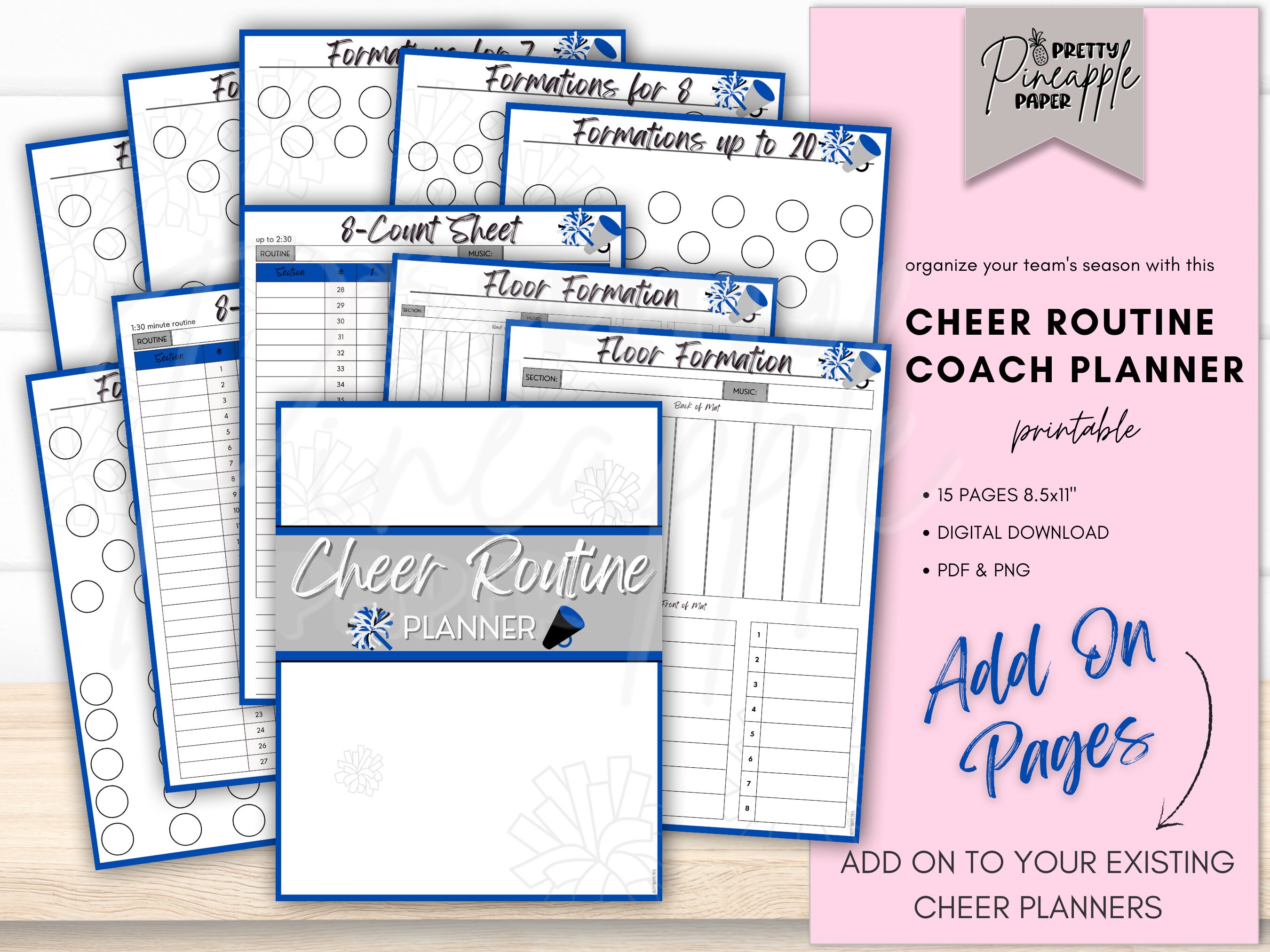 Printable Cheer Routine Planner, Cheerleading Squad, Coordinator, Formations, Floor Mat, 8-Count Sheets, Add-On Pages, NOT EDITABLE