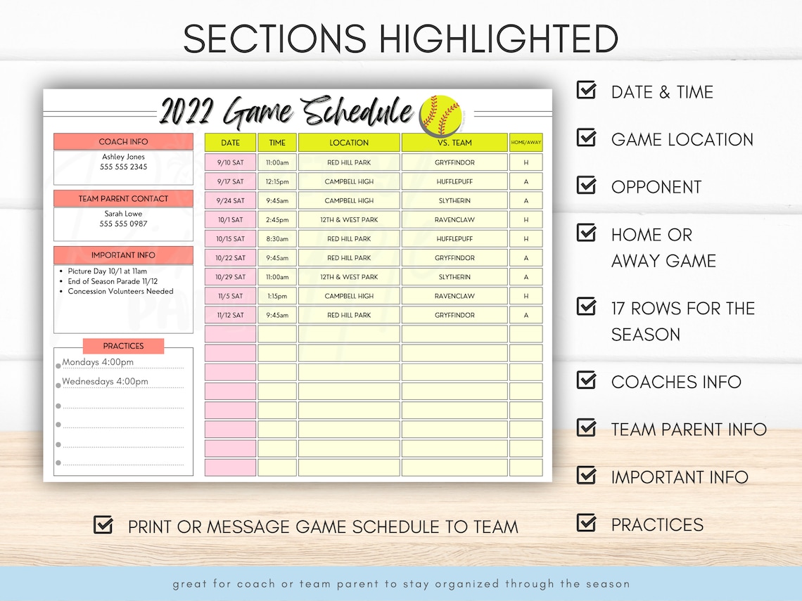 Editable Softball Game Schedule Template Instant Download to Etsy