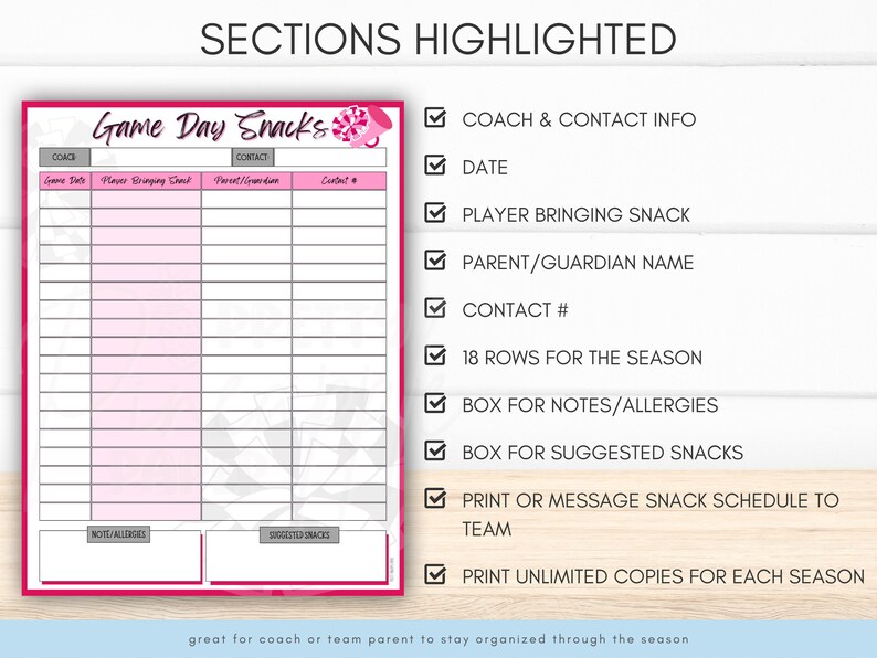 Editable Cheer Game Day Snack Schedule Template Instant Download to