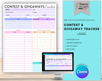 May include: A printable contest and giveaway tracker template in pink, blue, and yellow. The template includes sections for promo details, rules, entries, and to-do list. The text "CONTEST & GIVEAWAY TRACKER" is in a teal blue box with the word "editable" below it. The text "PERSONALIZE WITH Canva" is in a purple circle with the Canva logo.
