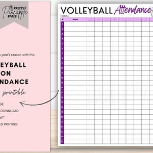 Può includere: Un tracker di presenza per la pallavolo stampabile con uno schema di colori viola e bianco. Il tracker ha uno spazio per il mese, i nomi e le date. Un grafico di pallavolo si trova nell'angolo in alto a destra.