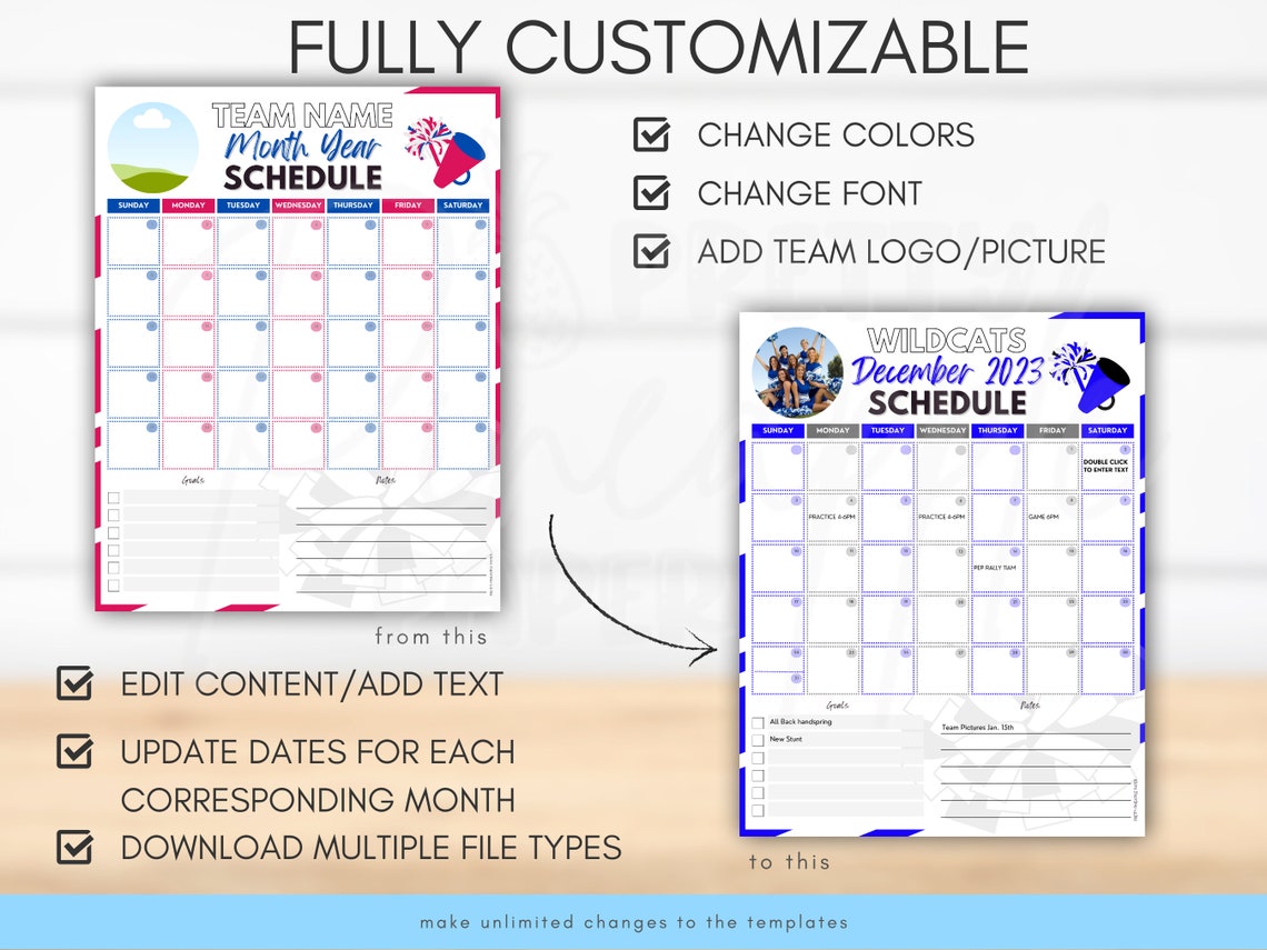 Editable Cheer Calendar Template, Instant Download Practice Game