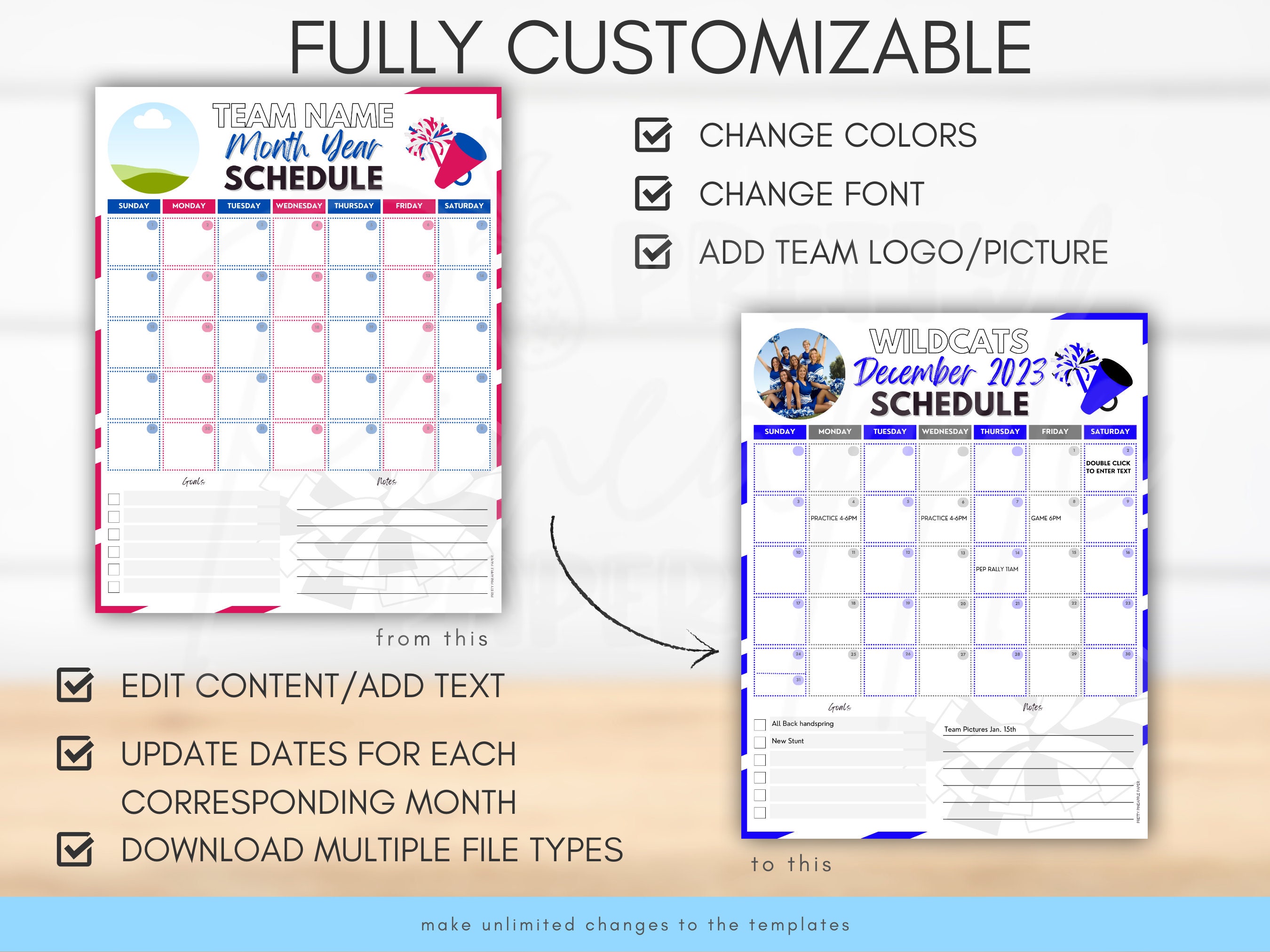 Editable Cheer Calendar Template, Instant Download Practice Game