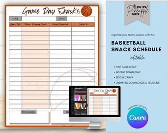 Editable Basketball Game Day Snack Schedule Template. Instant Download to Organize Player Snacks for each Game. Fillable and Printable