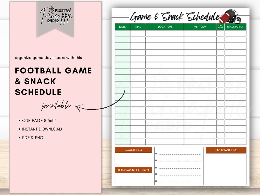 Printable Football Team Game Day and Snack Schedule Instant - Etsy