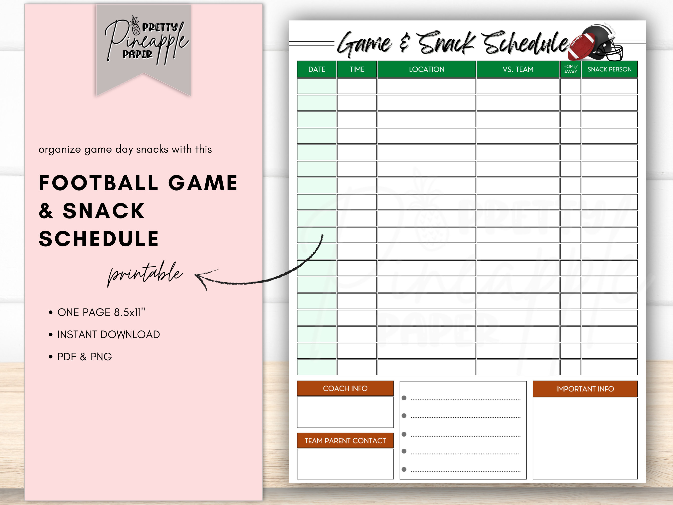 Printable Football Team Game Day And Snack Schedule Instant Download 