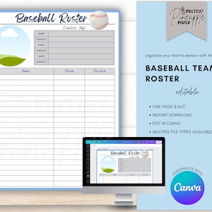 Editable Baseball Roster Template, Game Day Team Info, Coach Planner, Captain, Instant Digital Download, Sports Season Fillable Printable.