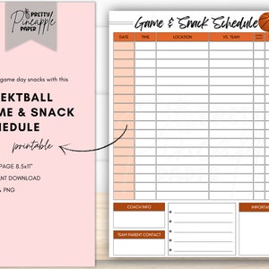 Afdrukbaar dag- en snackschema basketbalteam, sjabloon instant download, schema sportkalender, aanmelden vrijwilligers