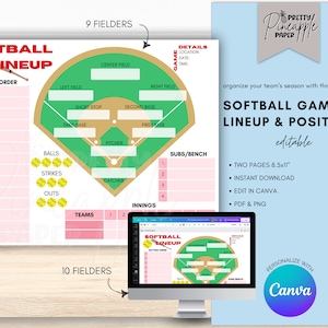 Editable Softball Line Up and Field Position Sheet Batting Order Dugout, Instant Download Edit in Canva Game Schedule Coach Printable