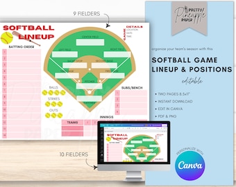 Editable Softball Line Up and Field Position Sheet Batting Order Dugout, Instant Download Edit in Canva Game Schedule Coach Printable