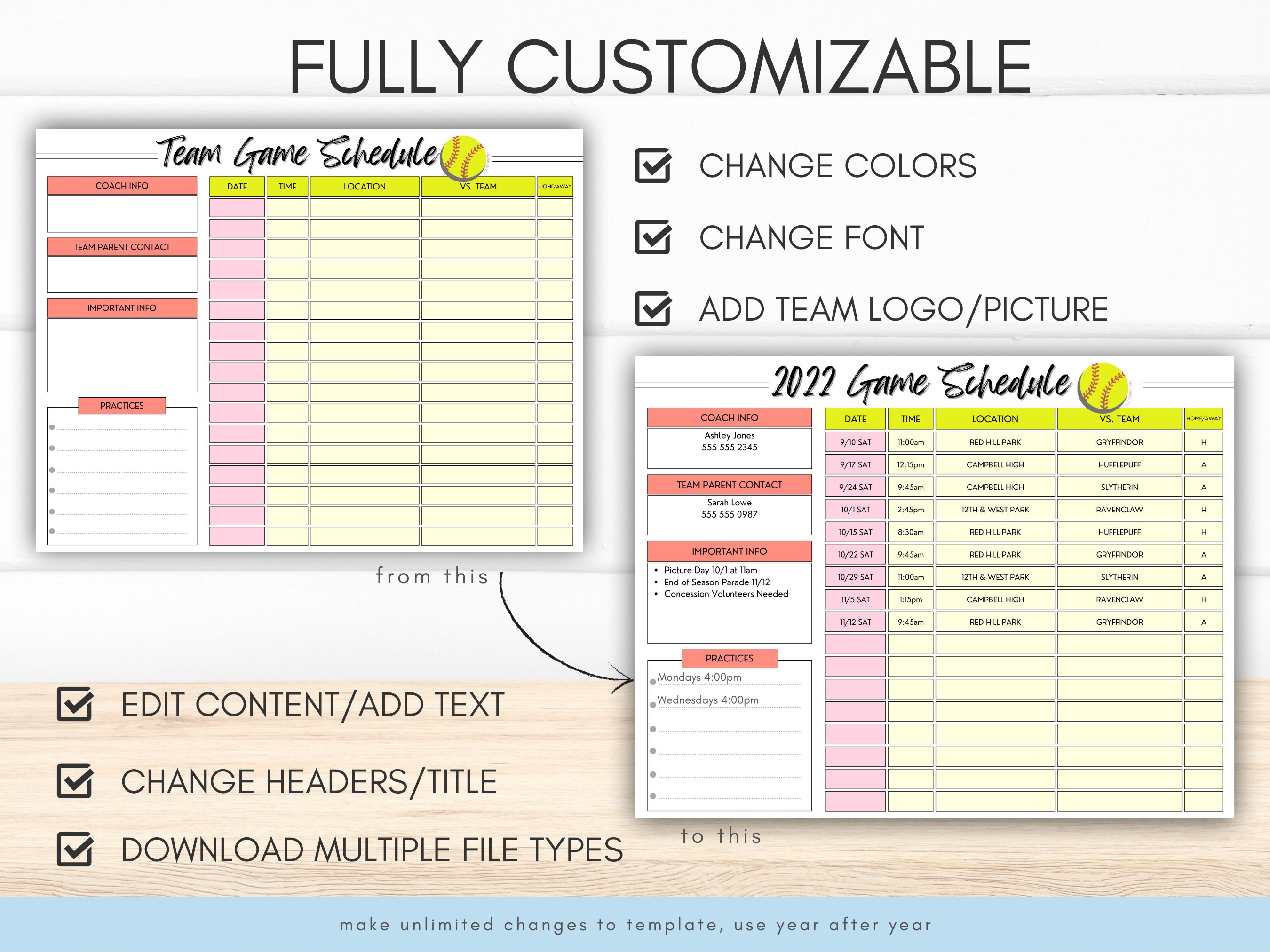 Editable softball game schedule template instant download to organize
