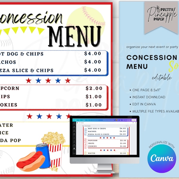 Editable Concession Stand Menu Softball, Instant Download Canva Template, Volunteer Softball, Little League, Movie Night, Birthday Printable