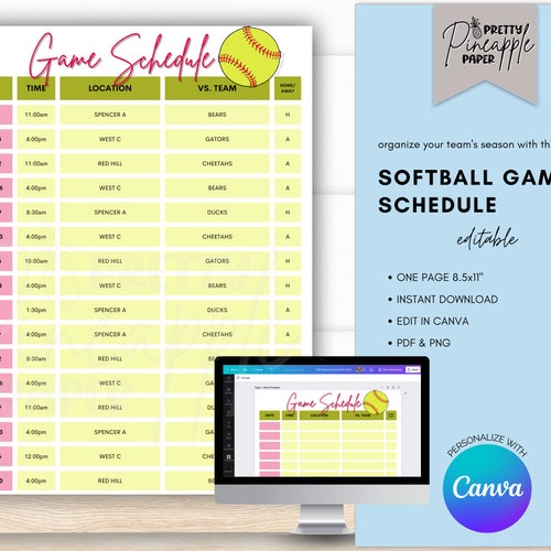 EDITABLE Softball Game Schedule Printable Practice Schedule Etsy
