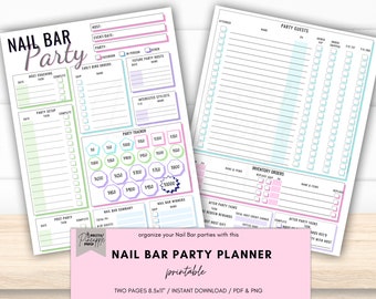 May include: Printable planner for organizing nail bar parties. The planner includes sections for party guests, inventory orders, party tracker, and after party tasks. The planner is designed with a pink, blue, and green color scheme.