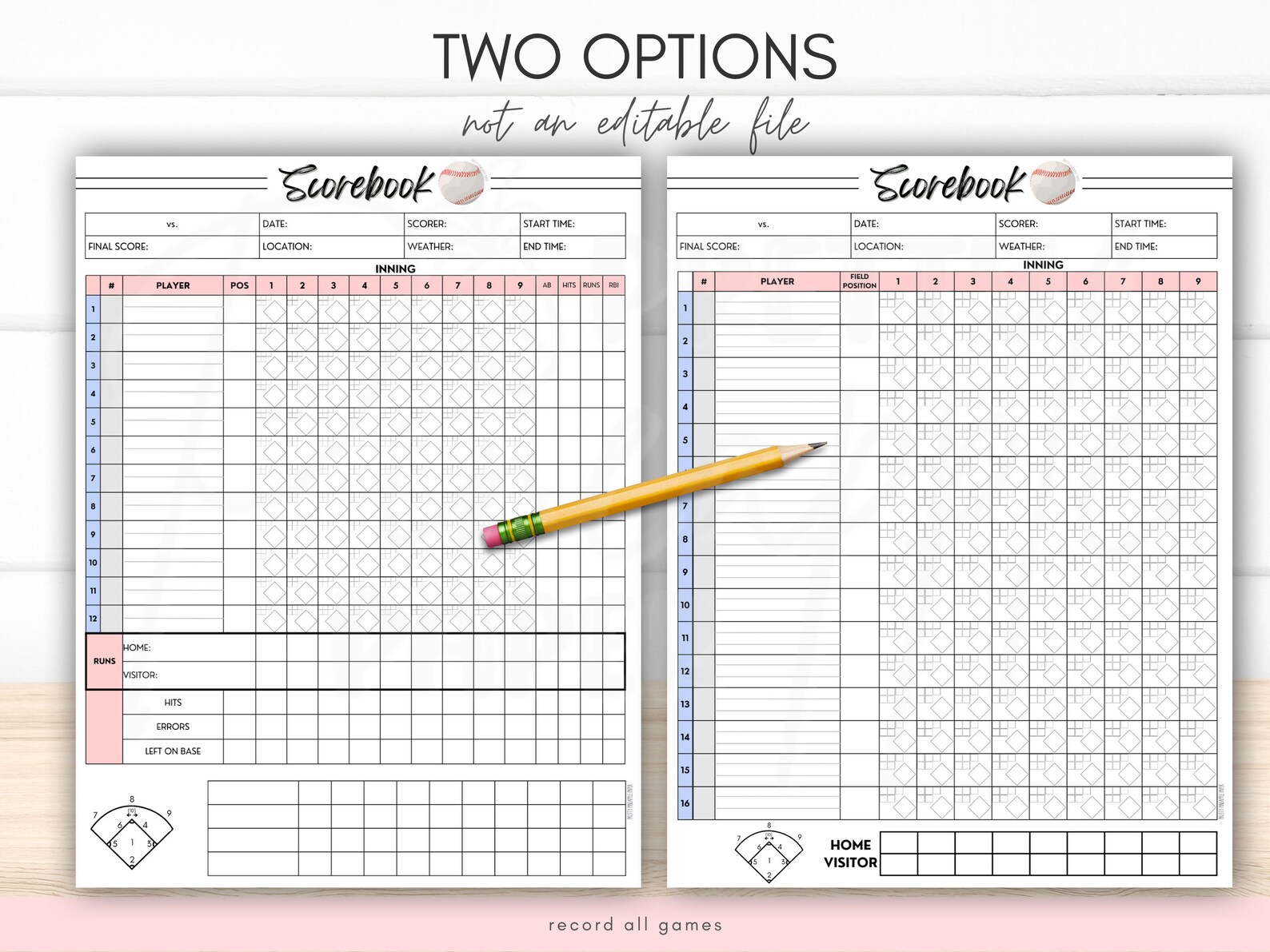 Printable Baseball Team Scorebook, Print Pages, Simple and Detailed