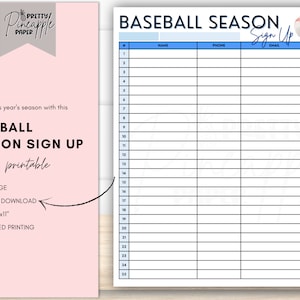 Printable Baseball Season Sign Up Sheet Instant Download Template, Baseball Try Out, Registration, Sports, School, Baseball Team
