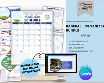 Editable Baseball Organizer Planner Pages, Coaches, Team Mom, Game Day, Sport Schedule, Snack, Practices, Batting Order, edit in Canva