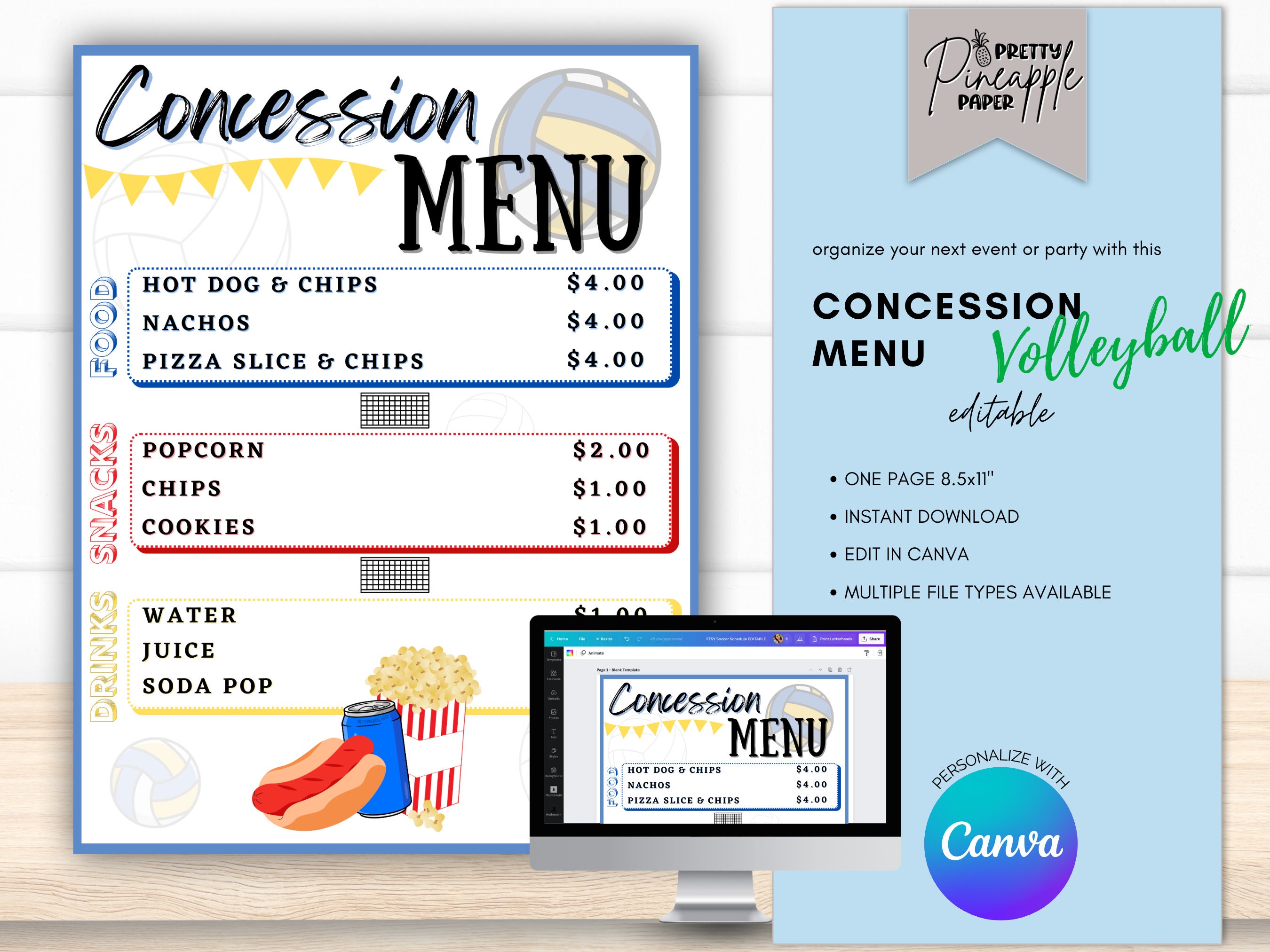 Editable Concession Stand Menu Volleyball, Instant Download Canva