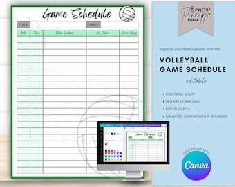Editable Volleyball Game Day Schedule Template, Instant Download to Organize the Sports Season Games, Fillable and Printable Sheet in Canva