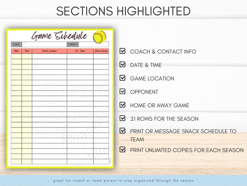 Editable Softball Game Schedule Template. Instant Download to Organize