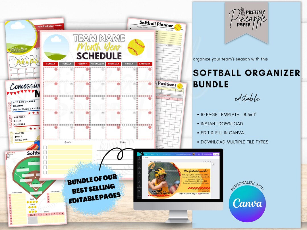 Editable Softball Organizer Planner Bundle Pages, Coach, Team Mom, Game