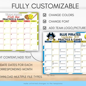 Editable Softball Calendar Template, Instant Download Practice and ...