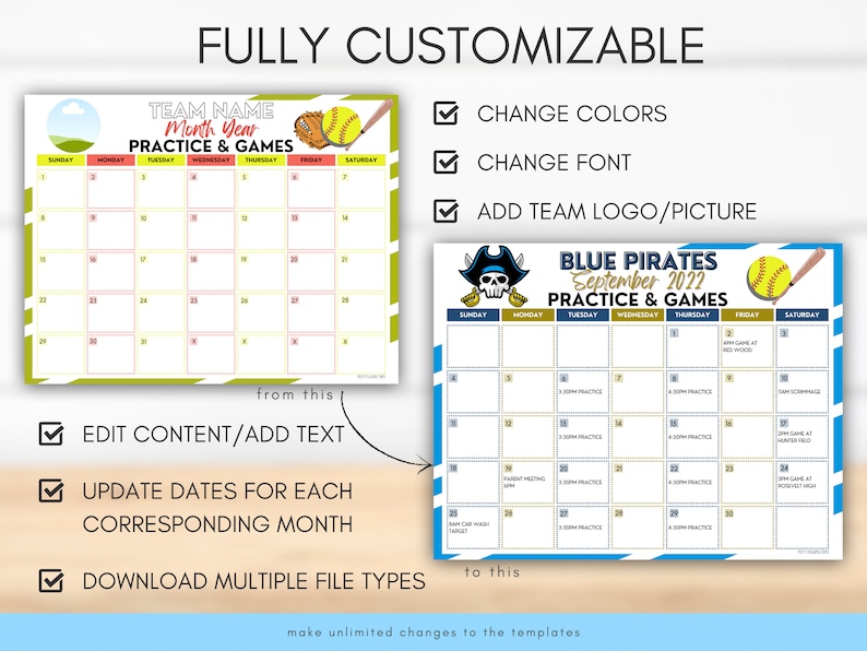 Editable Softball Calendar Template, Instant Download Practice and
