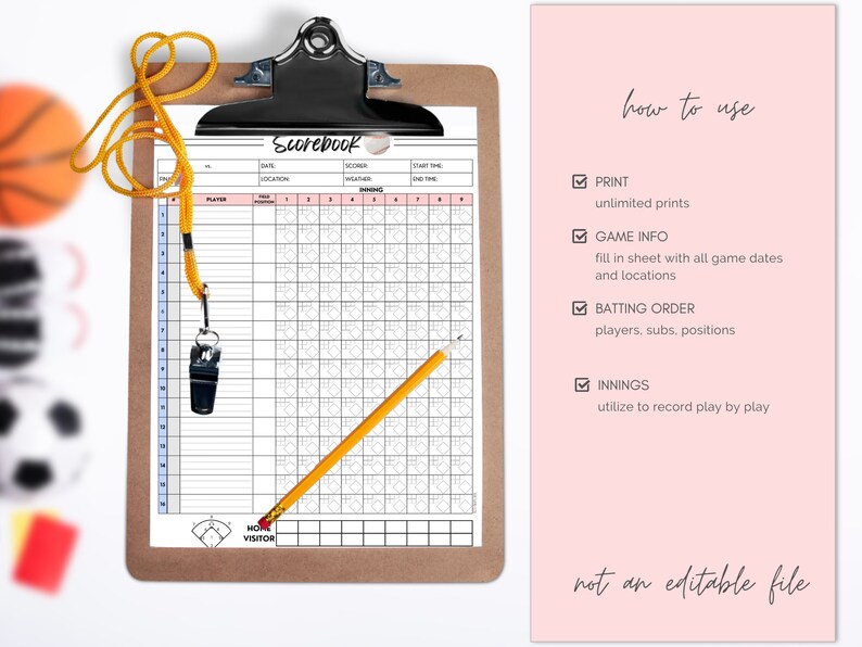 Printable Baseball Team Scorebook, Print Pages, Simple and Detailed