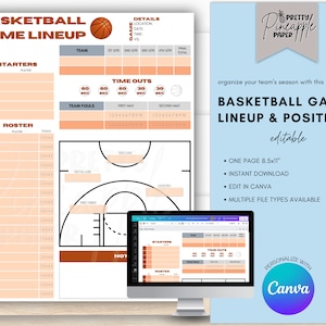 Editable Basketball Game Lineup, Roster, Scoring, Court, Bench, Positions Instant Download for Coach and Team Mom Dad for Game Day Schedule