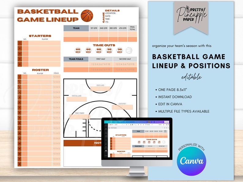 Editable Basketball Game Lineup, Roster, Scoring, Court, Bench ...
