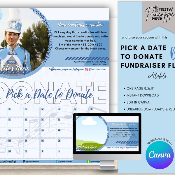 Editable Marching Band - Calendar Fundraiser Template, Pick a Date to Donate, Fundraise for Band Season, Fillable Printable Flyer, Sponsor