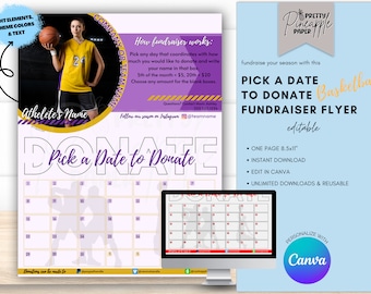 Editable Basektball - Calendar Fundraiser Template, Pick a Date to Donate, Fundraise, Fillable and Printable Flyer, Sponsorship, School