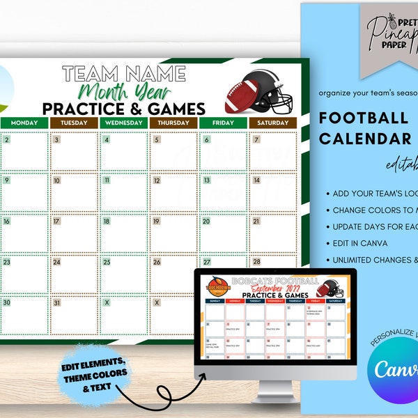 Editable Football Calendar Template, Instant Download Practice and Games for Football Season, Fillable Printable, Team Mom, Coach Planner