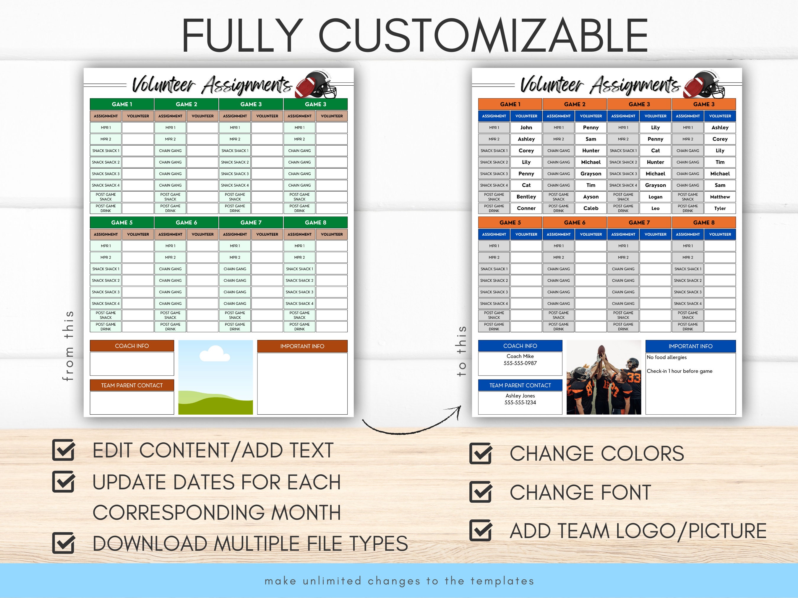Editable Football Volunteer Assignment Template, Game Info, Coach ...