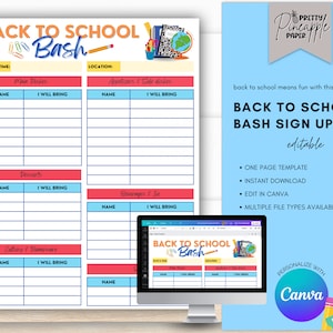 Puede incluir: Hoja de inscripción imprimible y editable para un « Back to School Bash ». La hoja está dividida en secciones para platos principales, aperitivos, postres, bebidas y cubiertos. La hoja de inscripción está decorada con un tema colorido de regreso a la escuela.