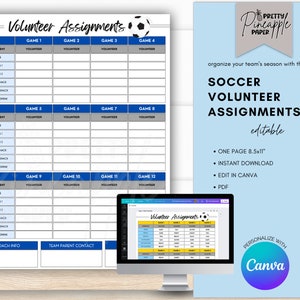 Editable Soccer Volunteer Assignment Template, Game Info, Coach Planner, Team Mom, Snacks, Referee, Schedule, Instant Download, Fillable