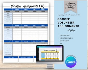 Editable Soccer Volunteer Assignment Template, Game Info, Coach Planner, Team Mom, Snacks, Referee, Schedule, Instant Download, Fillable