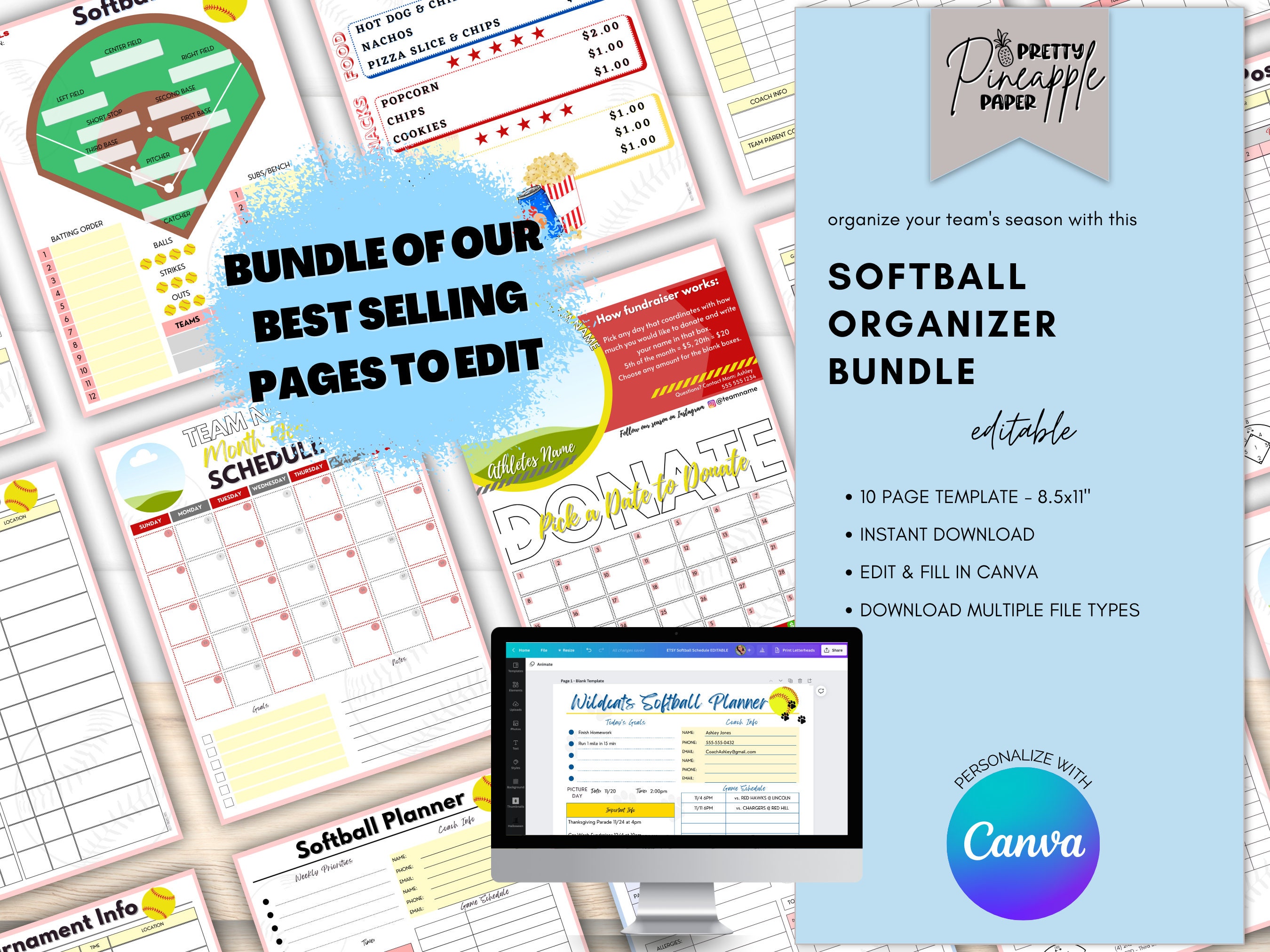 Editable Softball Organizer Planner Bundle Pages, Coach, Team Mom, Game