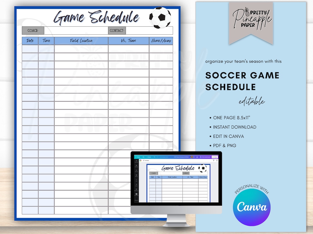 Editable Soccer Game Schedule Template, Instant Digital Download to